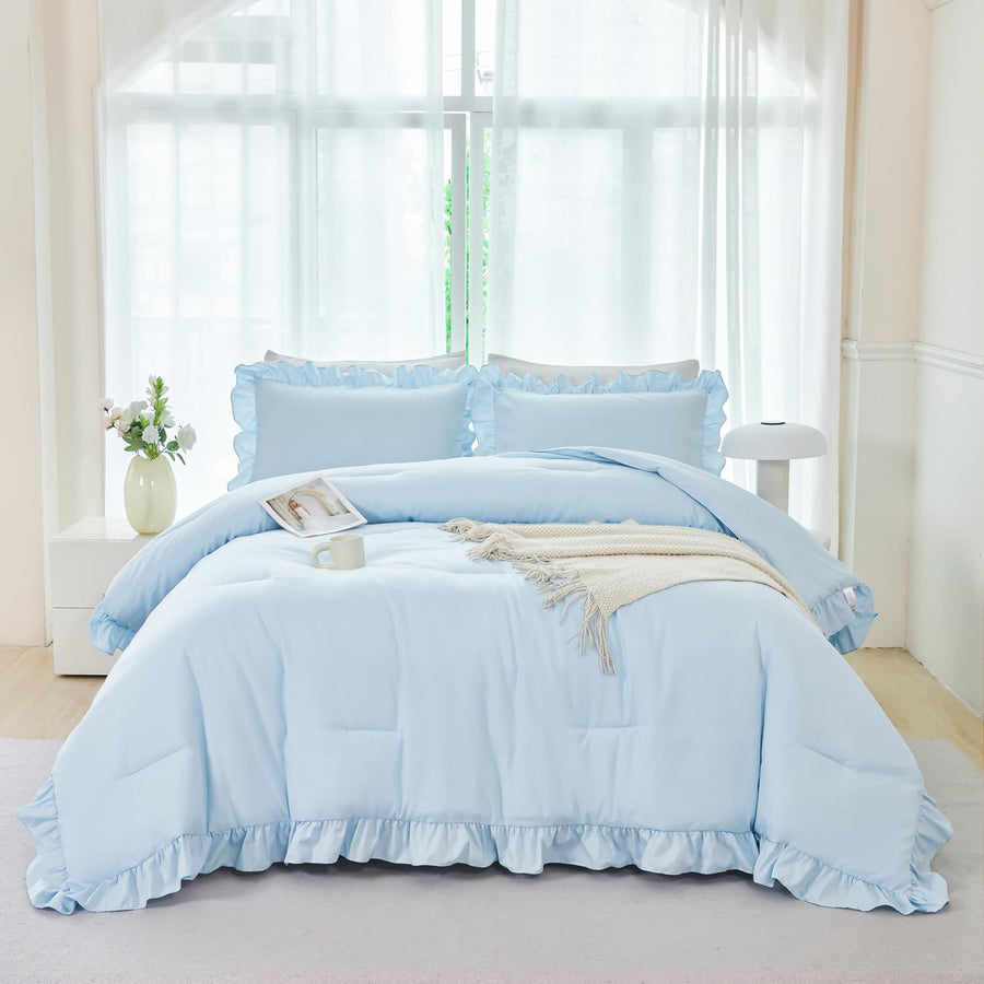 Ruffle Comforter Set - Light Blue Full (5-Piece)