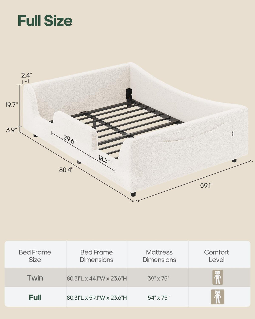 Full Montessori Floor Bed with Safety Rails - Beige