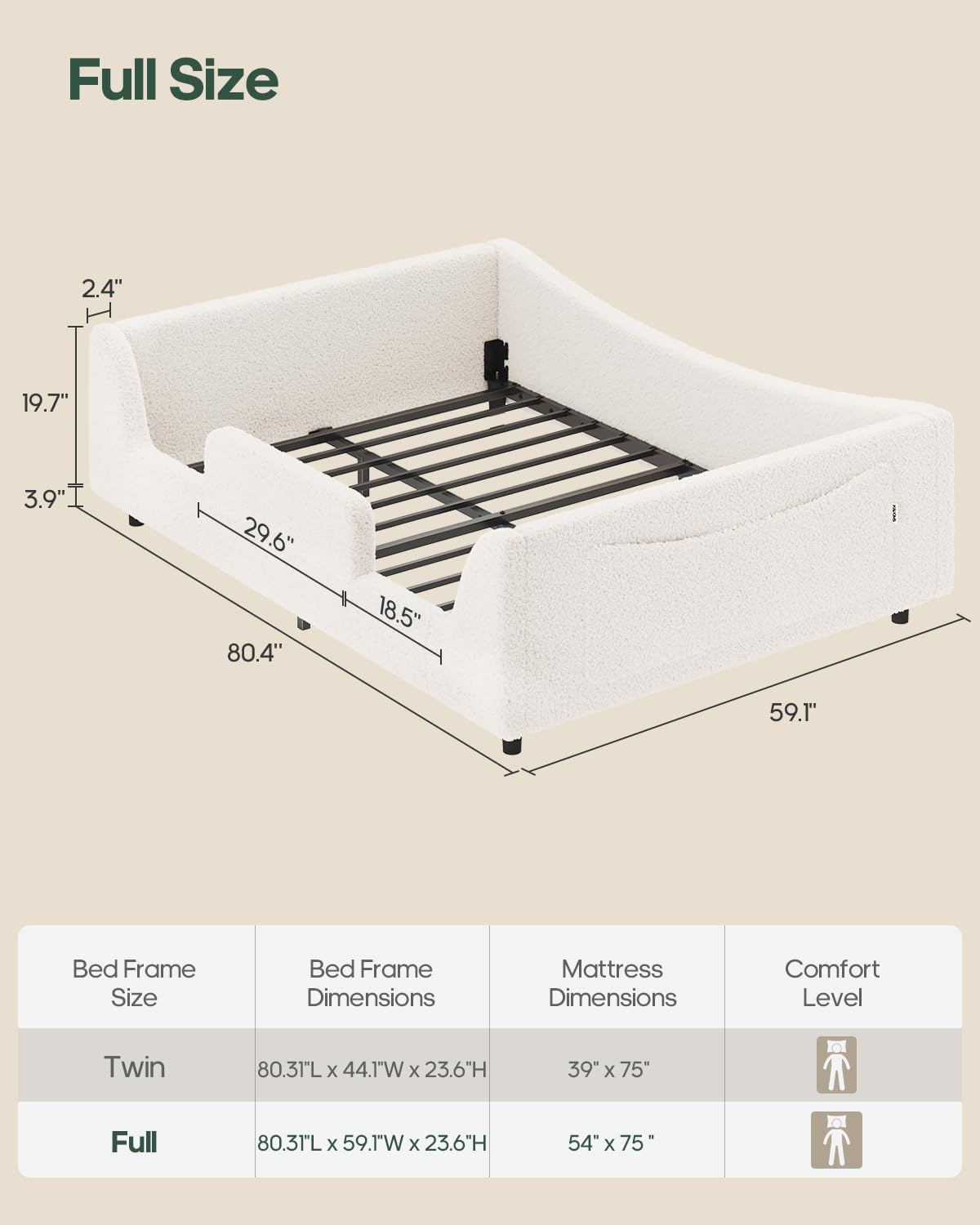 Full Montessori Floor Bed with Safety Rails - Beige