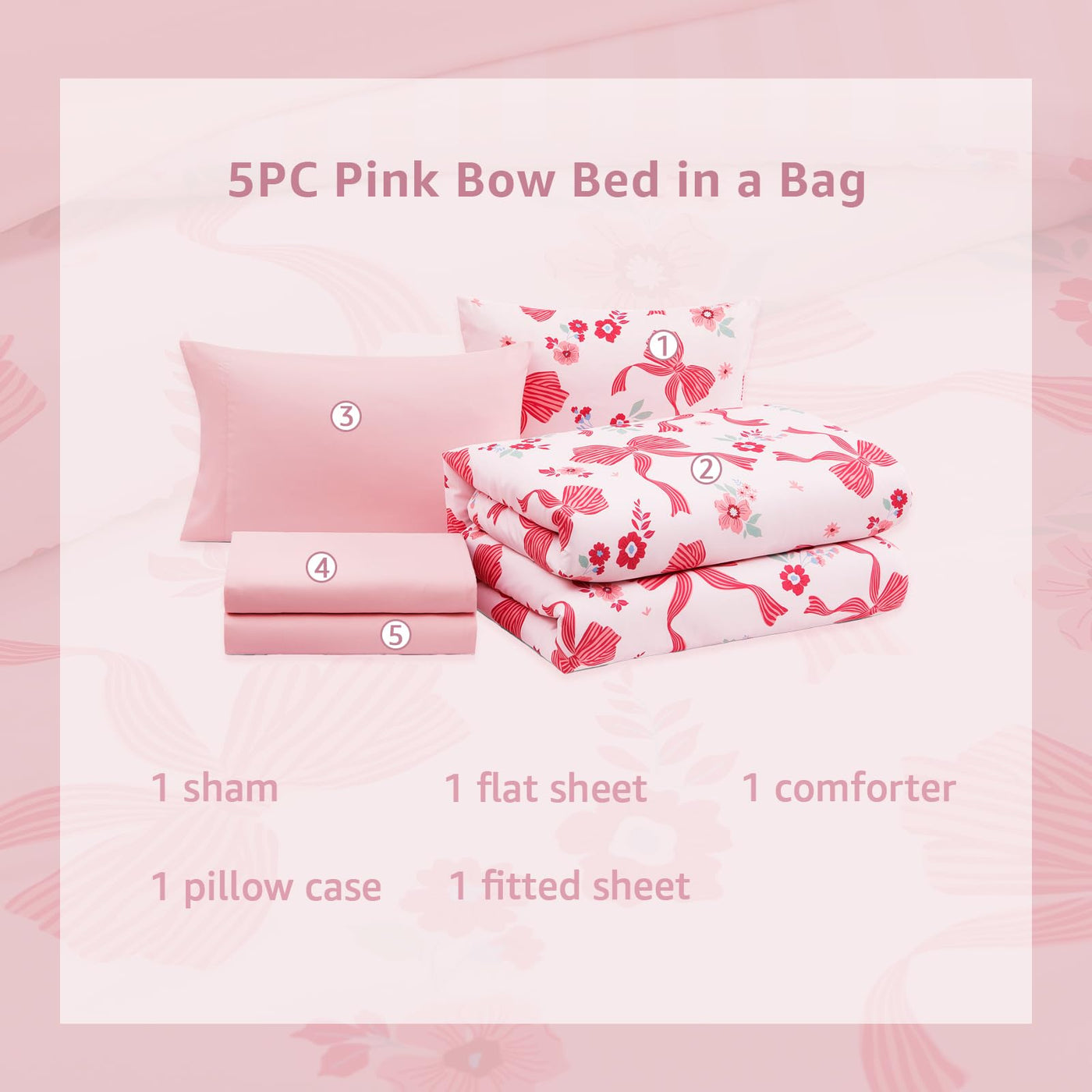 Twin XL Comforter Set - Pink Bow (5-Piece)
