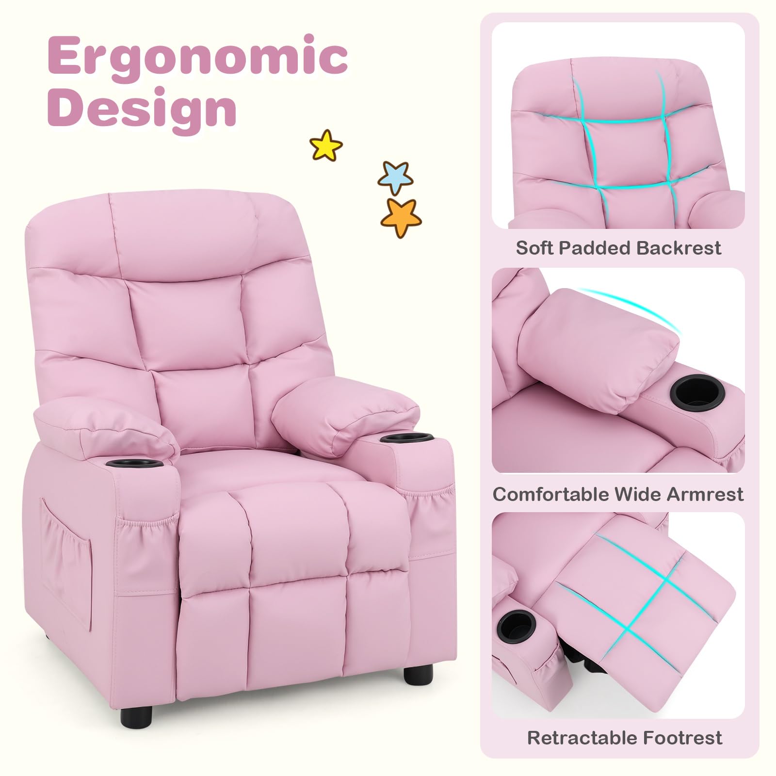 Kids Recliner Chair with Cup Holder - Pink