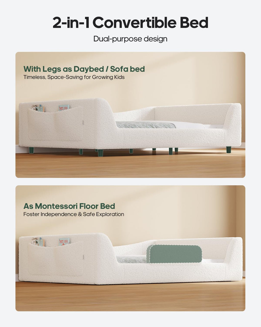 Full Montessori Floor Bed with Safety Rails - Beige
