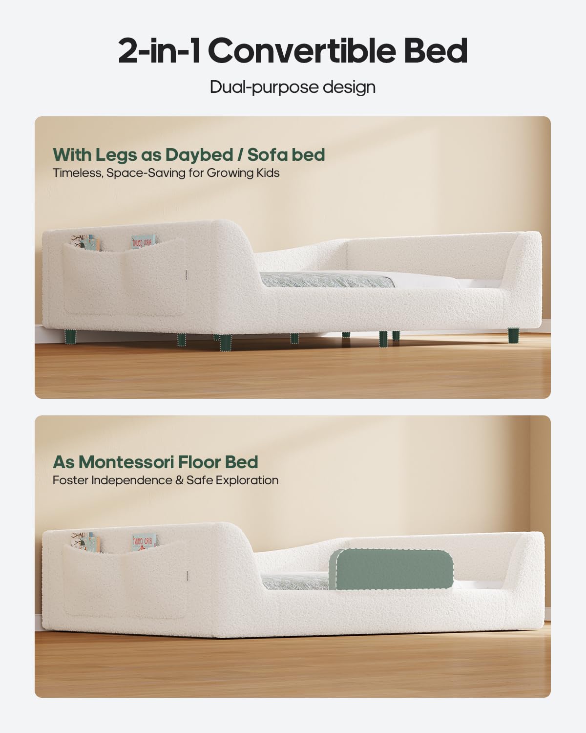 Full Montessori Floor Bed with Safety Rails - Beige