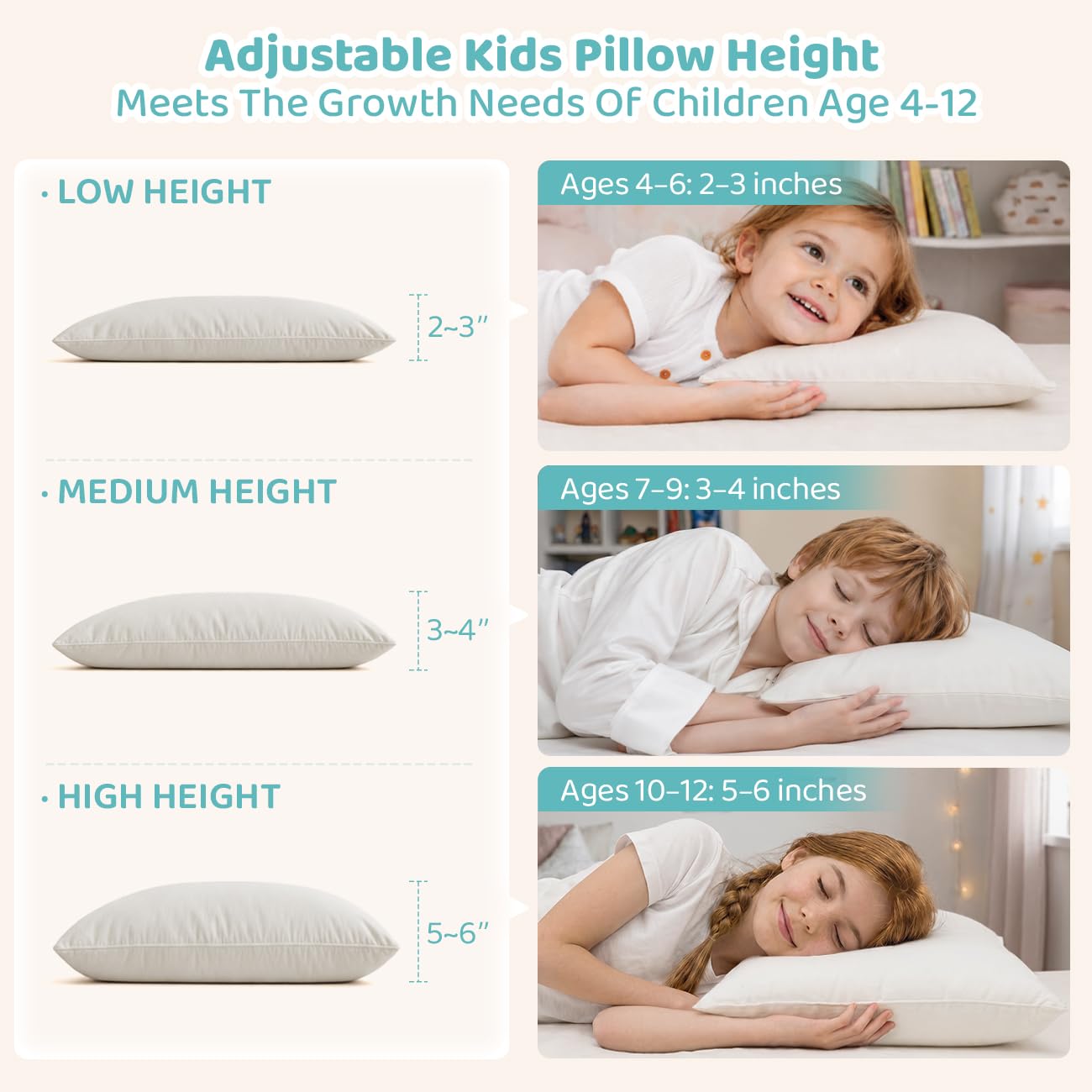 LOFE® Adjustable Kids Pillow 16x22, Youth Pillow for Kids Ages 4-12