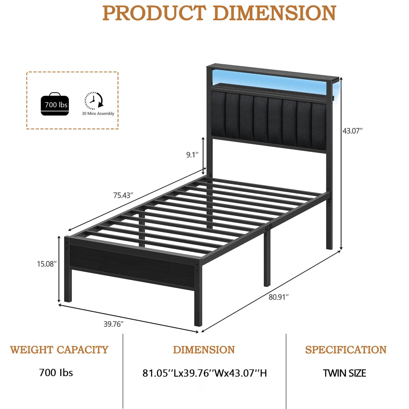 Twin Platform Bed with LED Lights & Charging Station