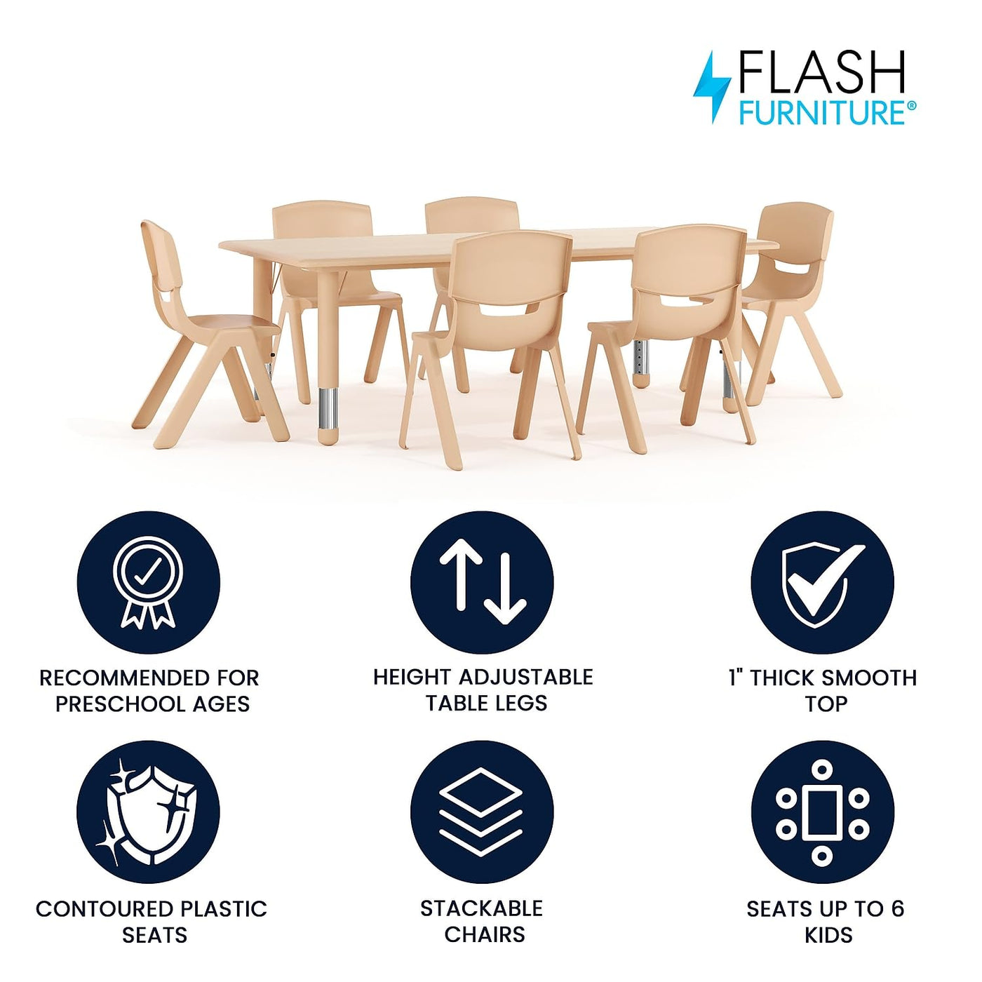 Adjustable Kids Activity Table & 6 Chairs Set - Natural