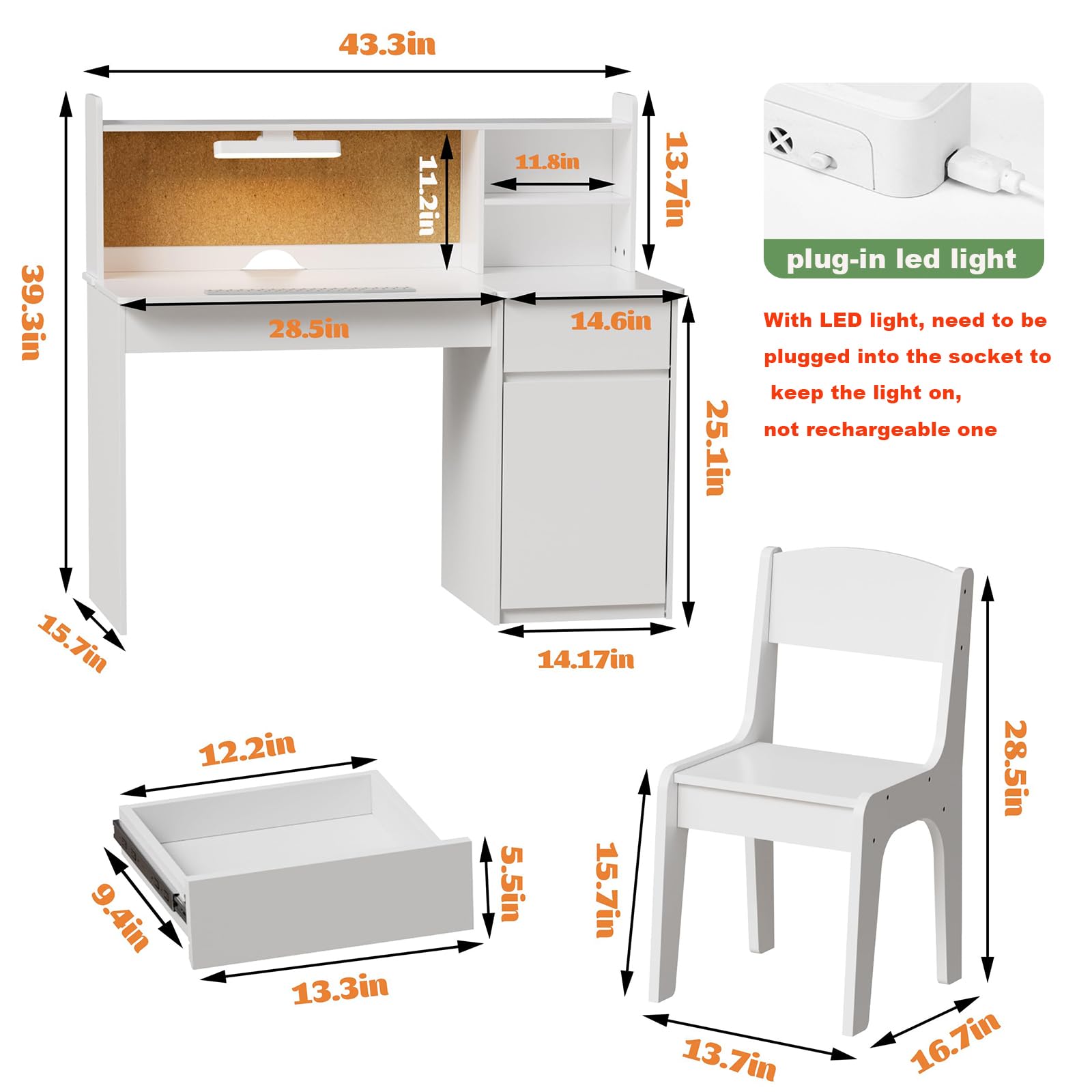 Kids Study Desk & Chair Set with Lights