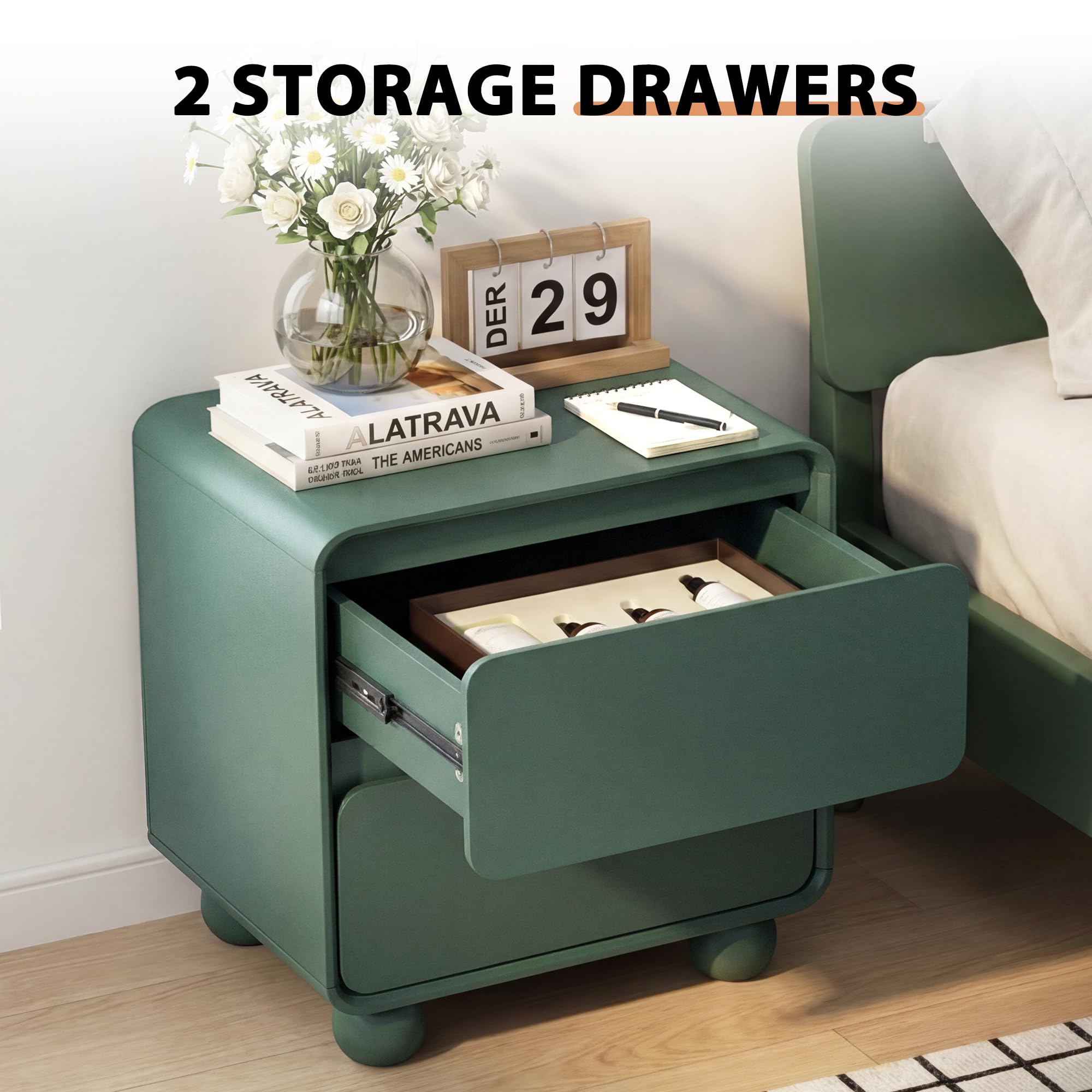 Mid-Century 2-Drawer Nightstand Set - Green