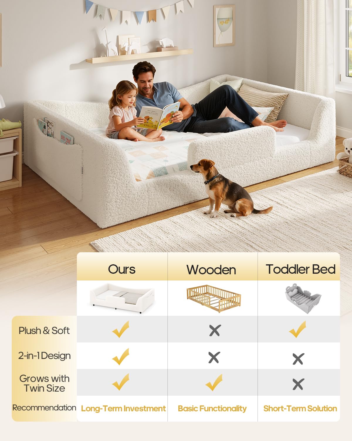 Full Montessori Floor Bed with Safety Rails - Beige
