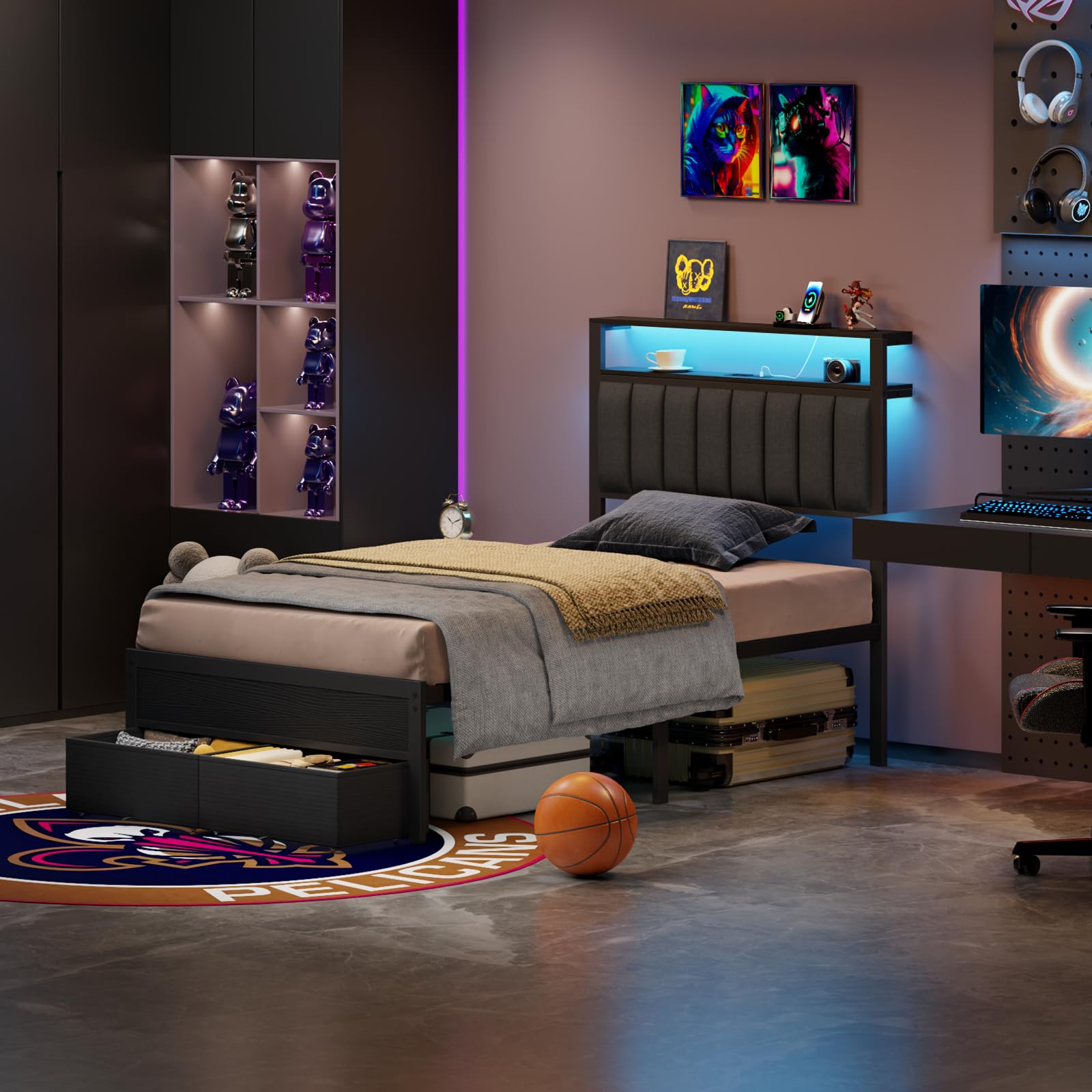 Twin Storage Bed with LED Lights & Charging Station