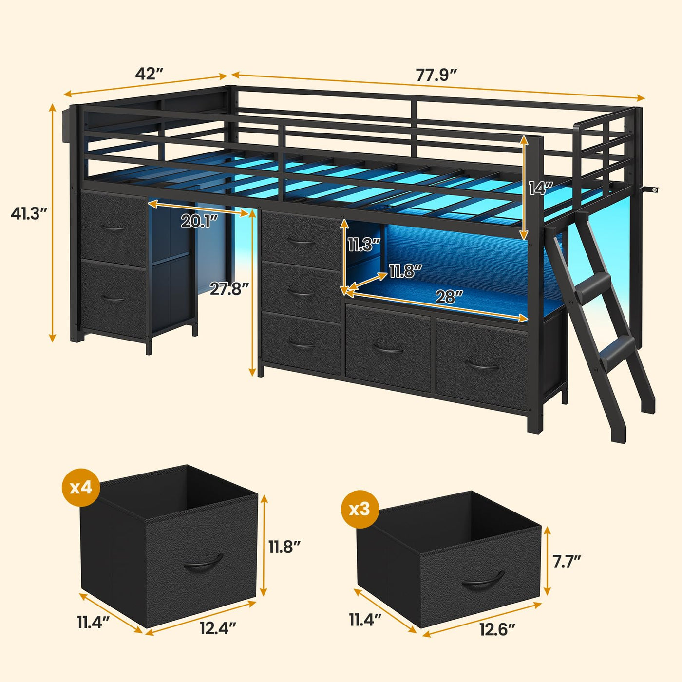 Twin Low Loft Bed with Storage & LED Lights