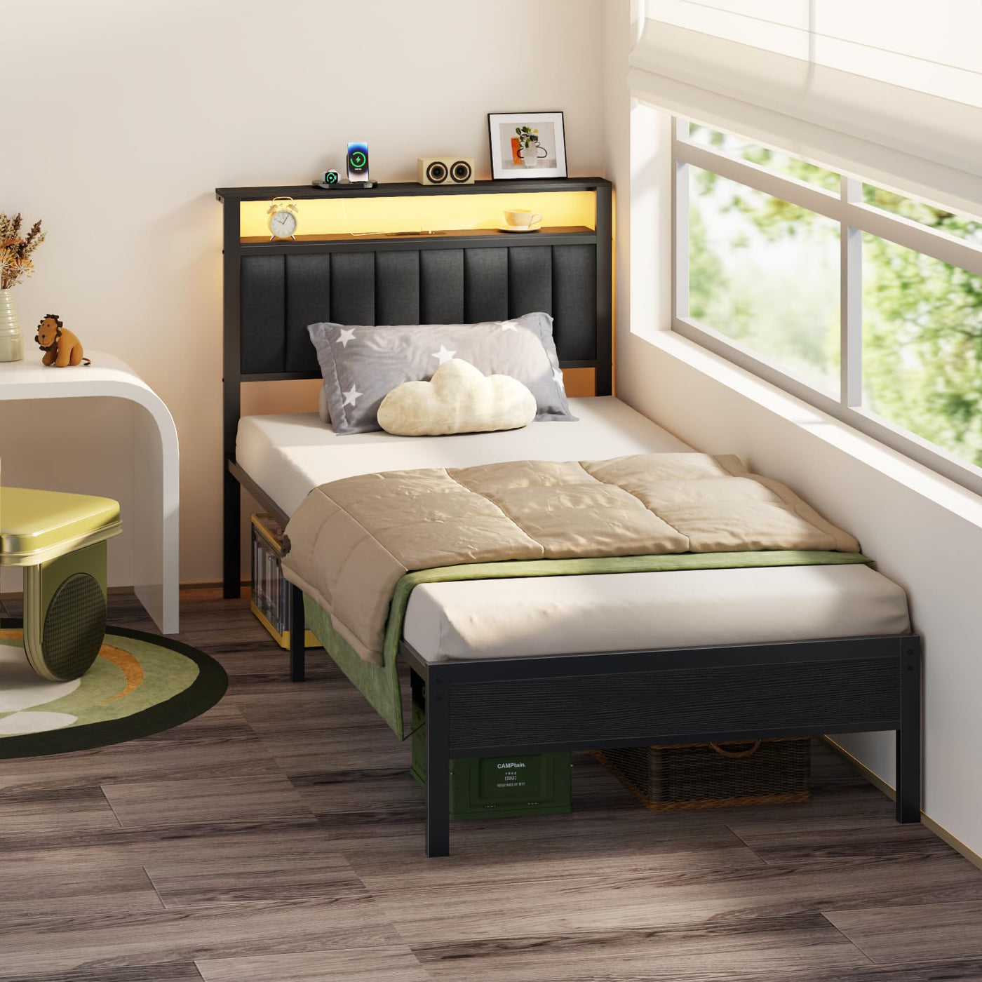 Twin Platform Bed with LED Lights & Charging Station