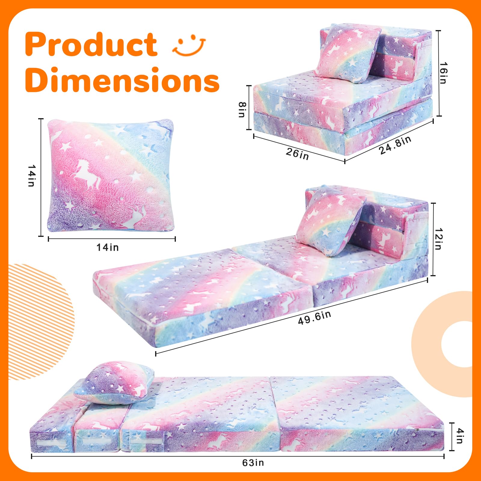 Kids Unicorn Tri-Fold Sofa Bed