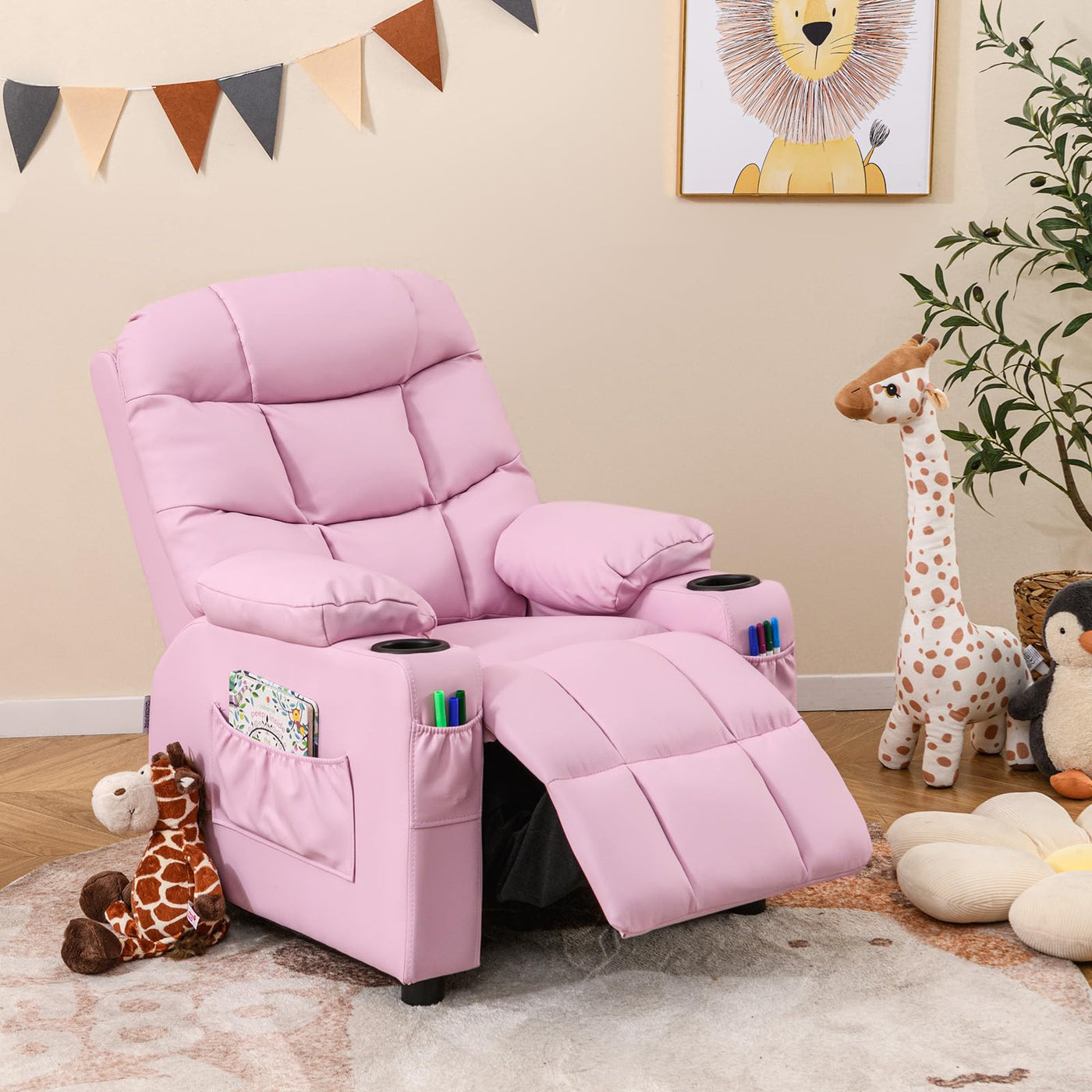 Kids Recliner Chair with Cup Holder - Pink