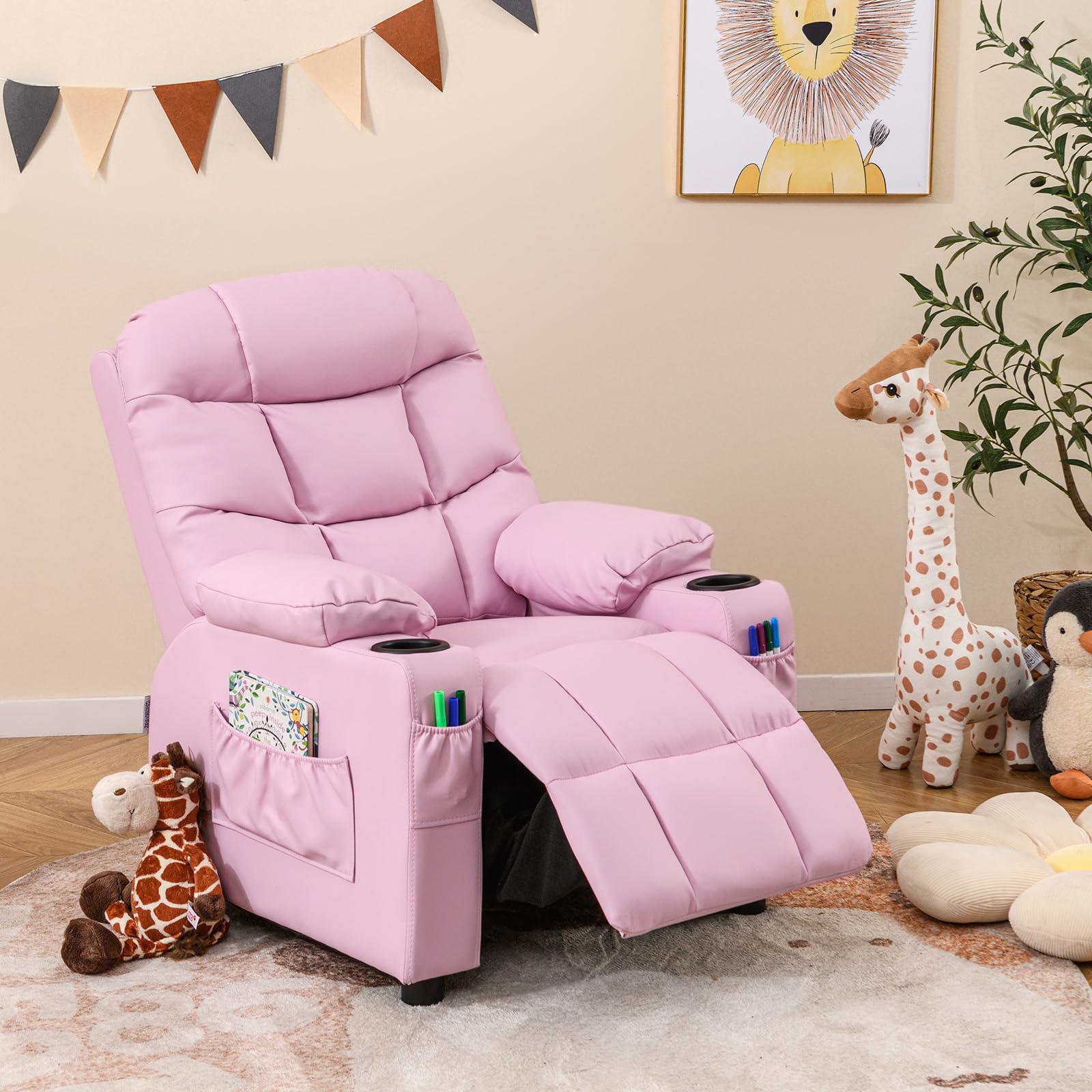 Kids Recliner Chair with Cup Holder - Pink