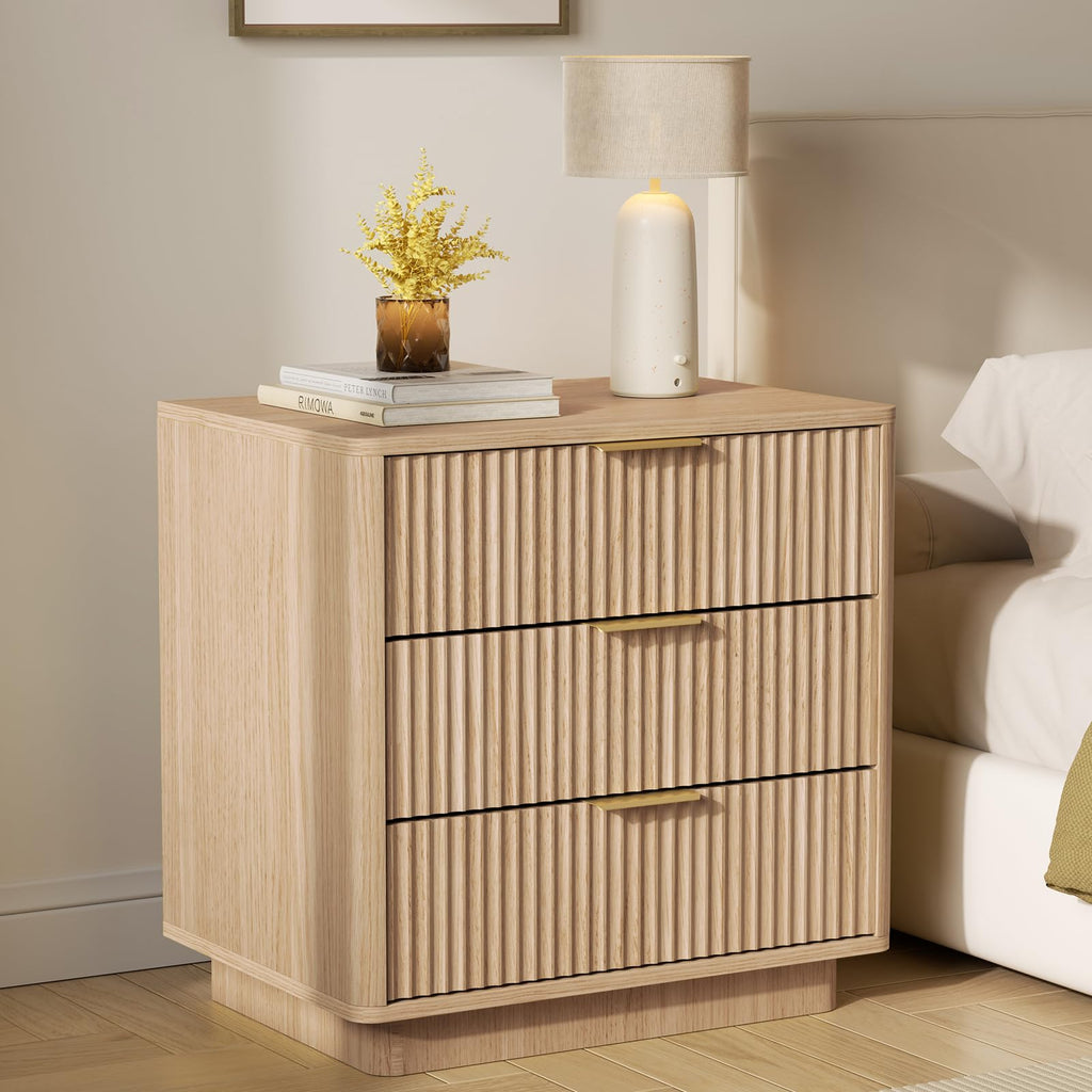 Fluted Nightstand Set with Charging Station - Natural Oak