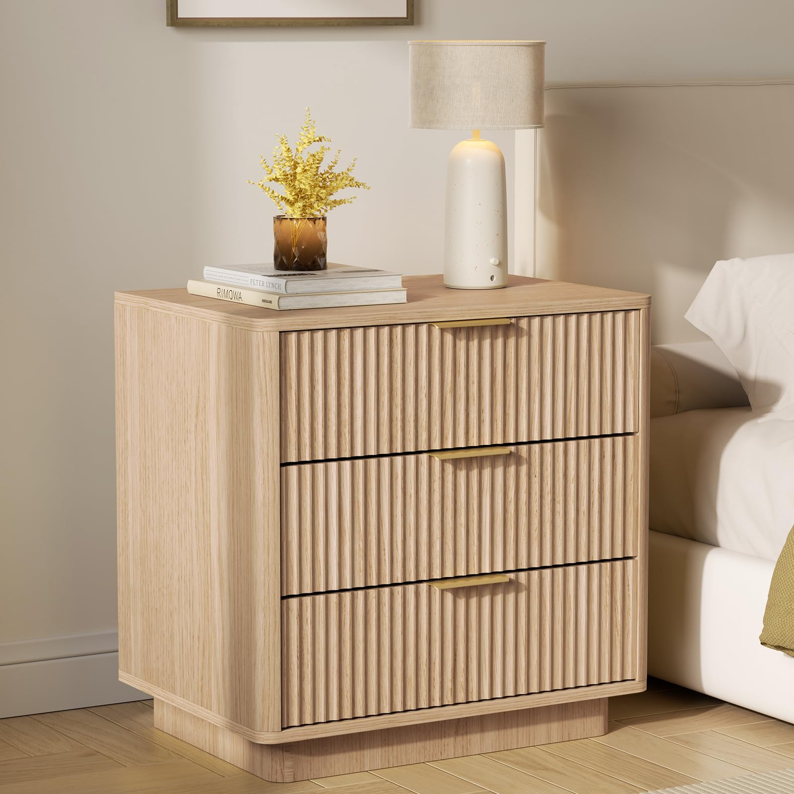 Fluted Nightstand Set with Charging Station - Natural Oak