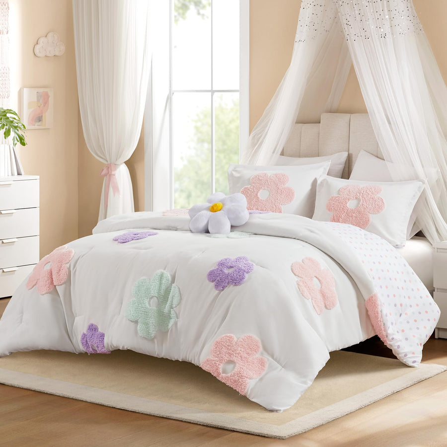 Kids Chenille Comforter Set - White/Purple (4-Piece)