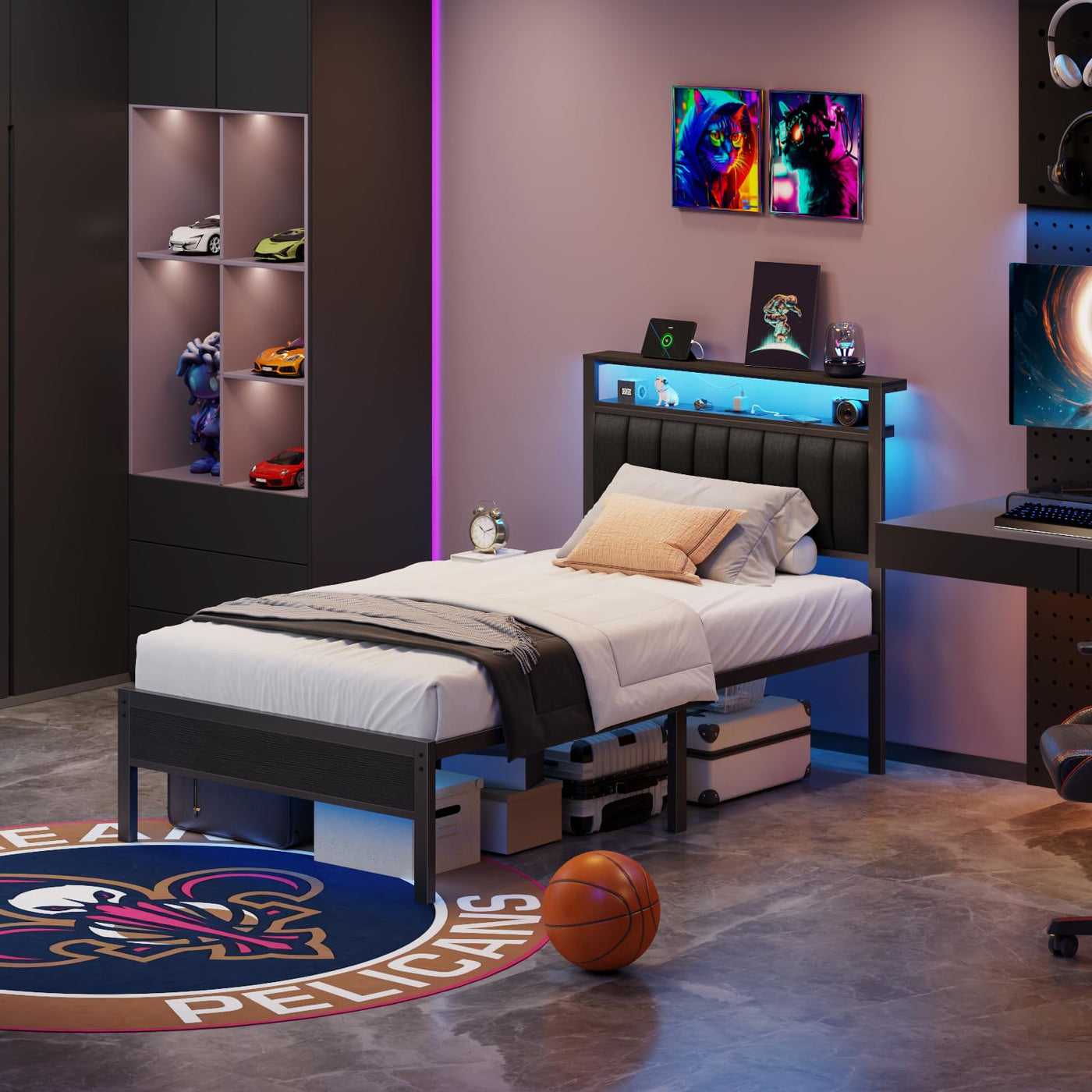 Twin Platform Bed with LED Lights & Charging Station