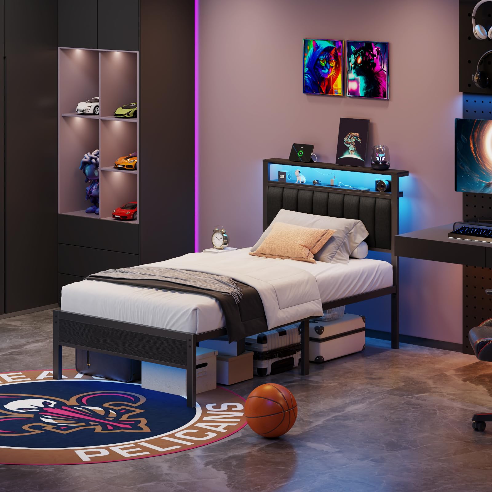 Twin Platform Bed with LED Lights & Charging Station