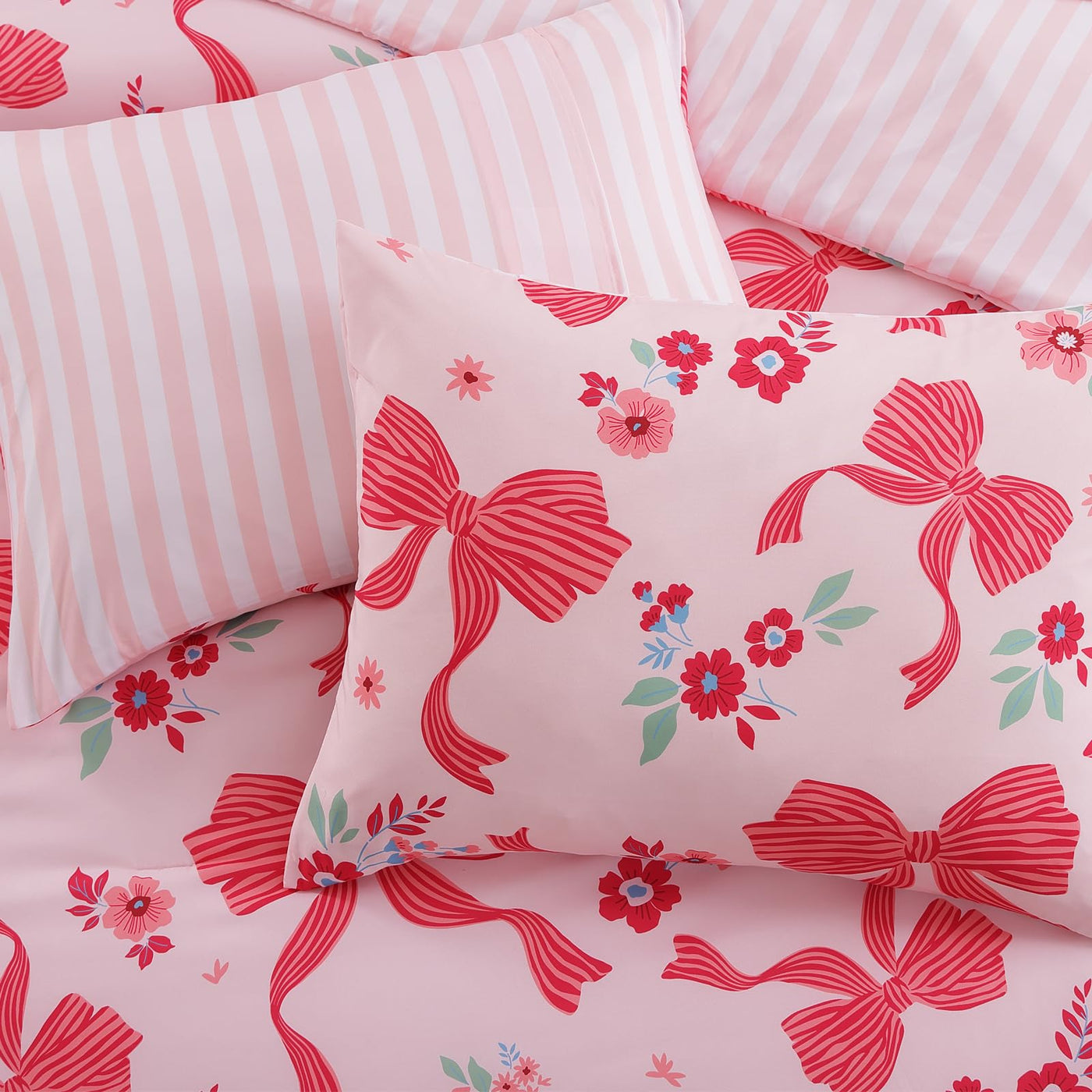 Twin XL Comforter Set - Pink Bow (5-Piece)