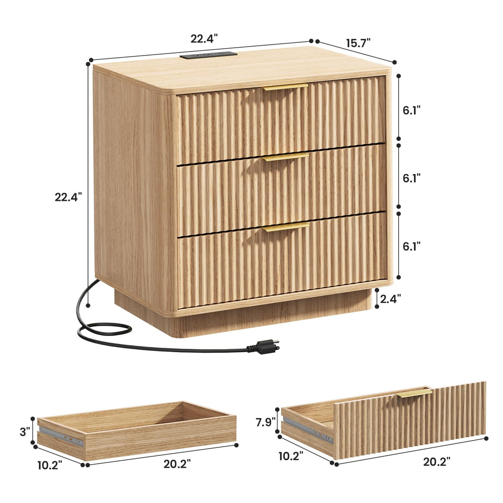 Fluted Nightstand Set with Charging Station - Natural Oak