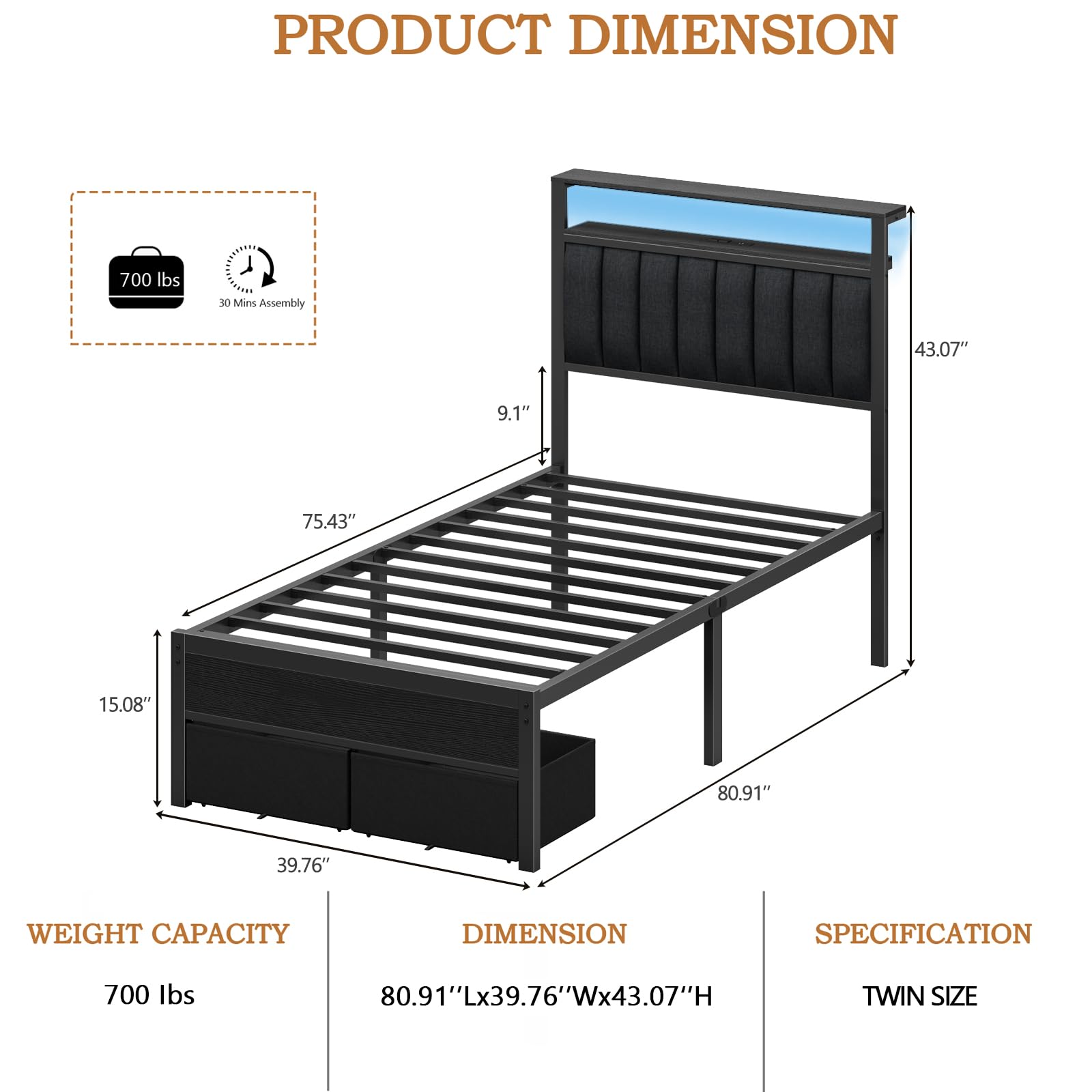 Twin Storage Bed with LED Lights & Charging Station