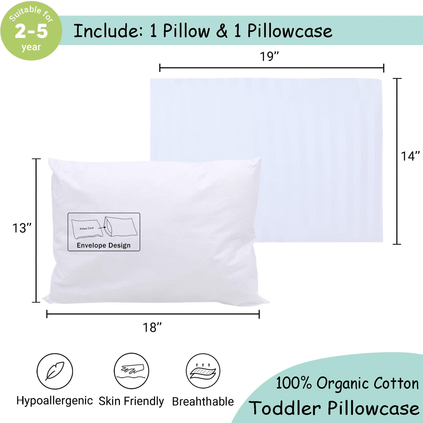 Organic Cotton Toddler Pillow with Pillowcase - White Stripe