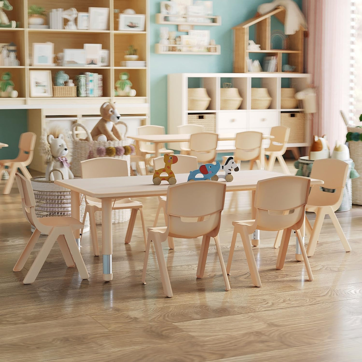 Adjustable Kids Activity Table & 6 Chairs Set - Natural
