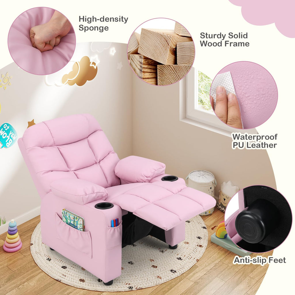 Kids Recliner Chair with Cup Holder - Pink