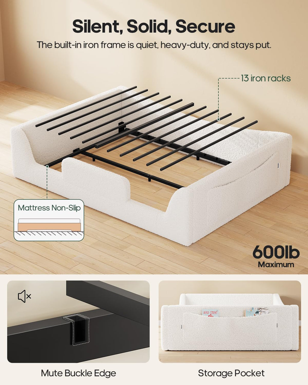 Full Montessori Floor Bed with Safety Rails - Beige