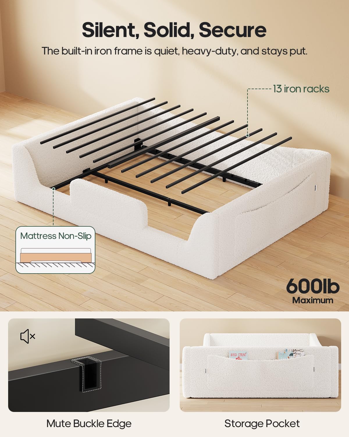 Full Montessori Floor Bed with Safety Rails - Beige