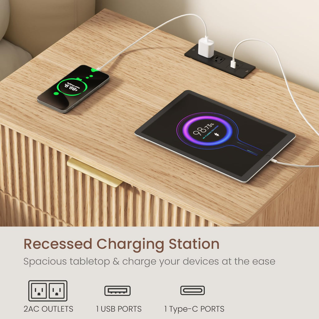 Fluted Nightstand Set with Charging Station - Natural Oak