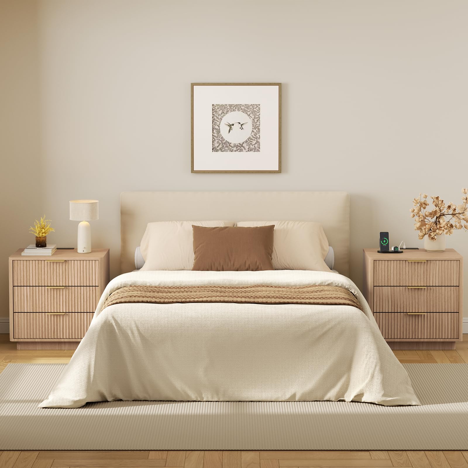 Fluted Nightstand Set with Charging Station - Natural Oak