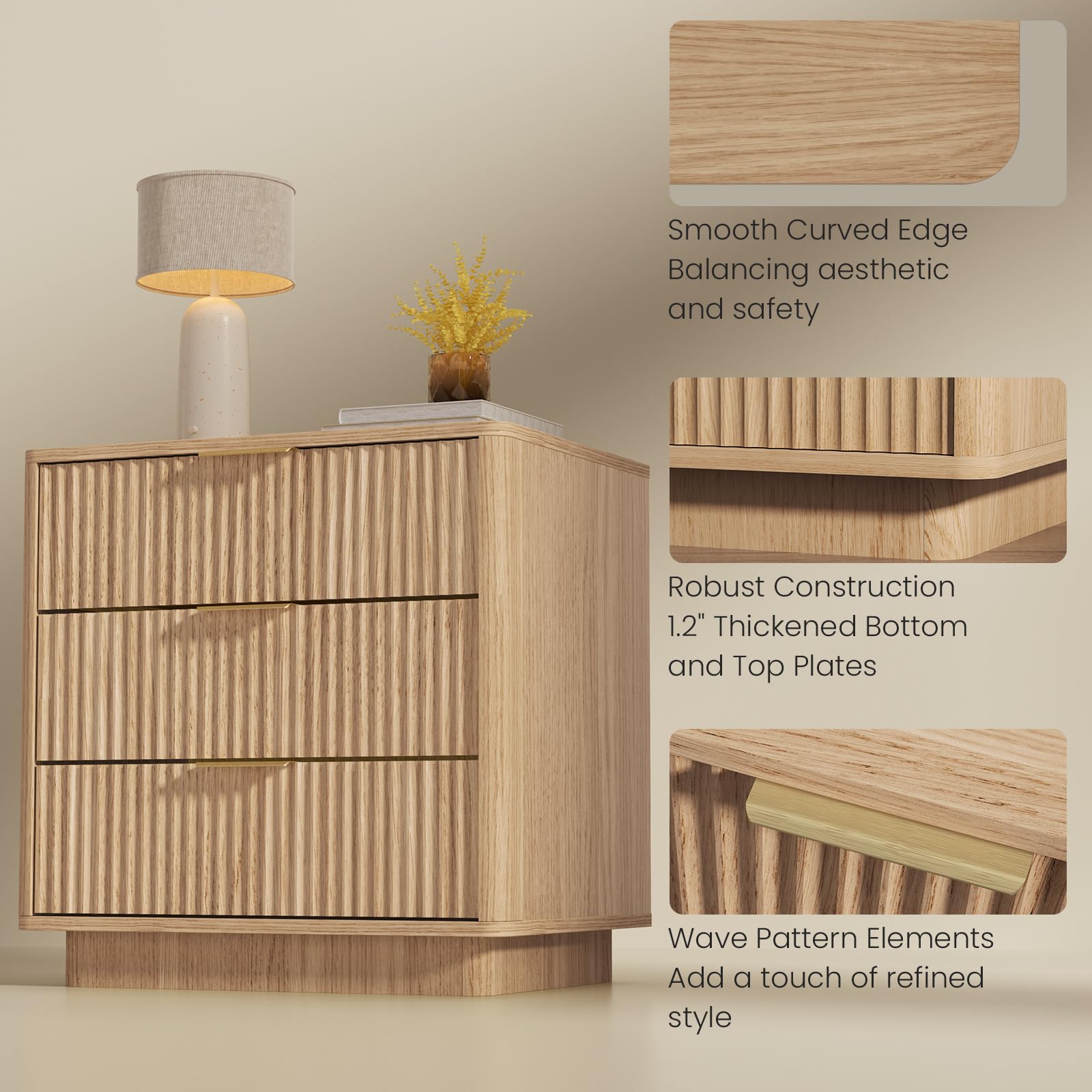 Fluted Nightstand Set with Charging Station - Natural Oak