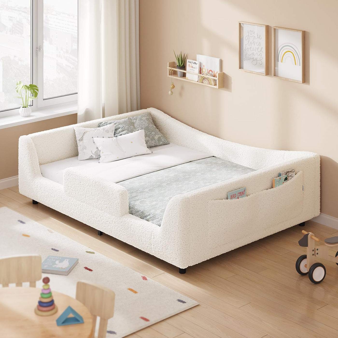Full Montessori Floor Bed with Safety Rails - Beige