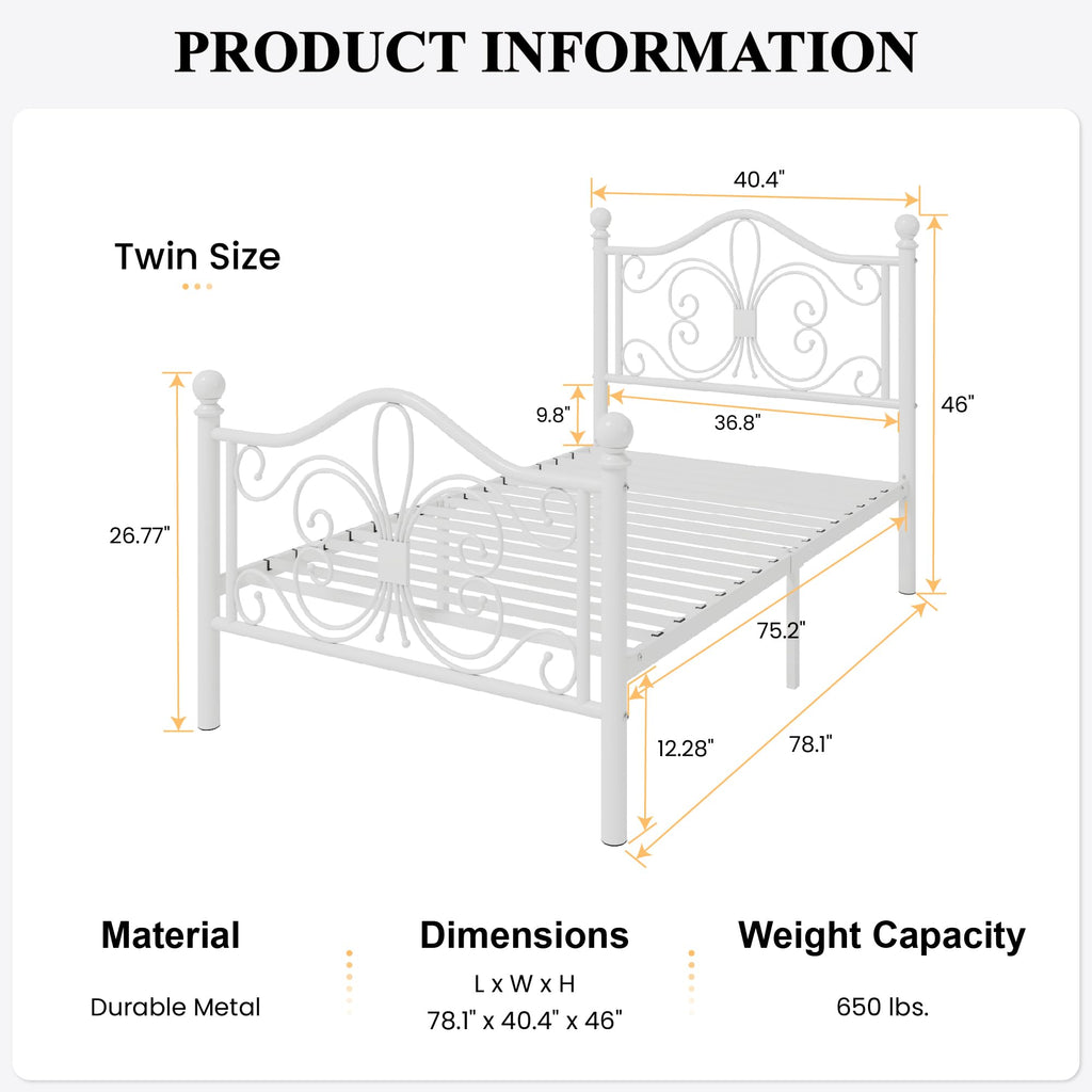 Twin Butterfly Metal Bed Frame - White