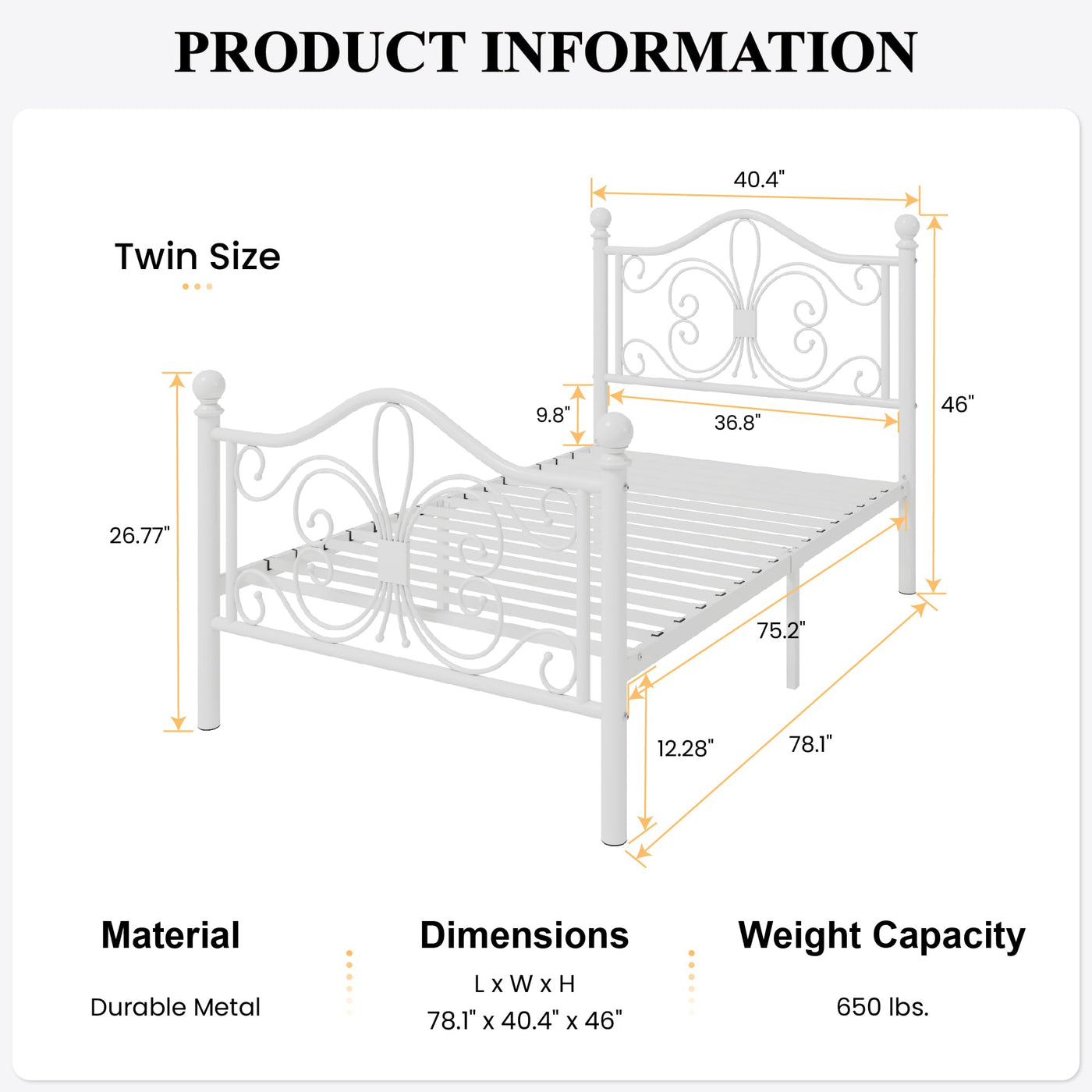 Twin Butterfly Metal Bed Frame - White