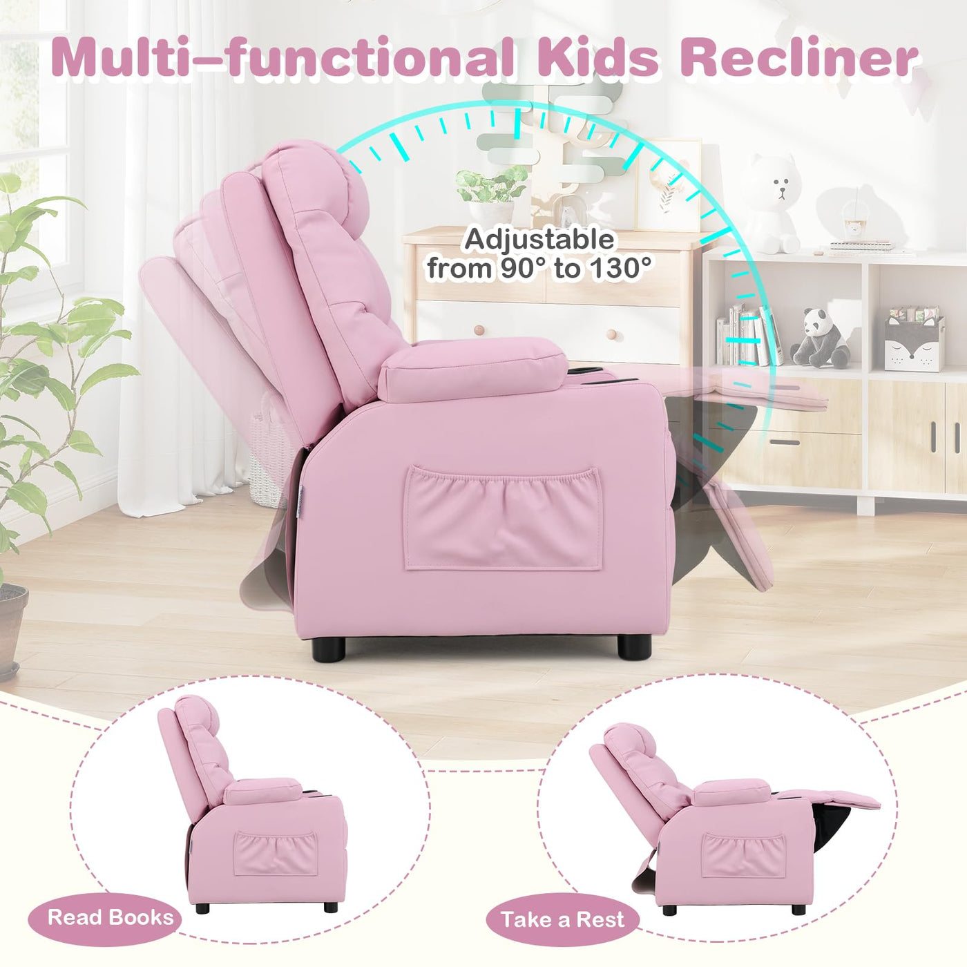 Kids Recliner Chair with Cup Holder - Pink