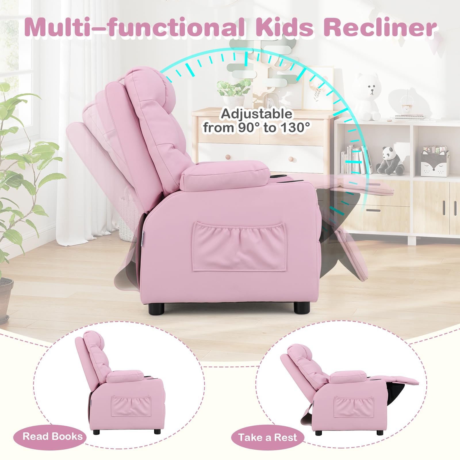 Kids Recliner Chair with Cup Holder - Pink