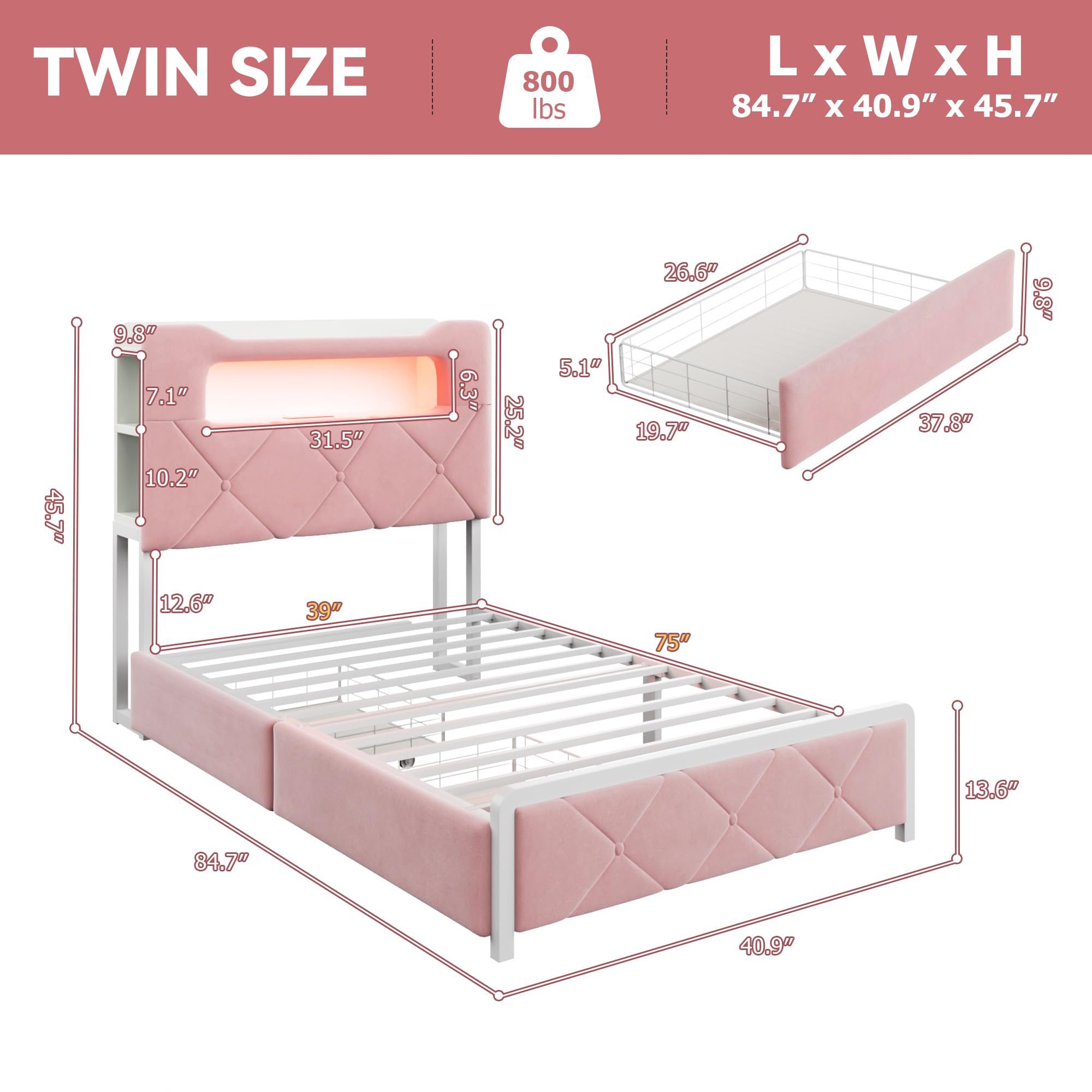 Twin Princess Storage Bed with LED Headboard - Pink