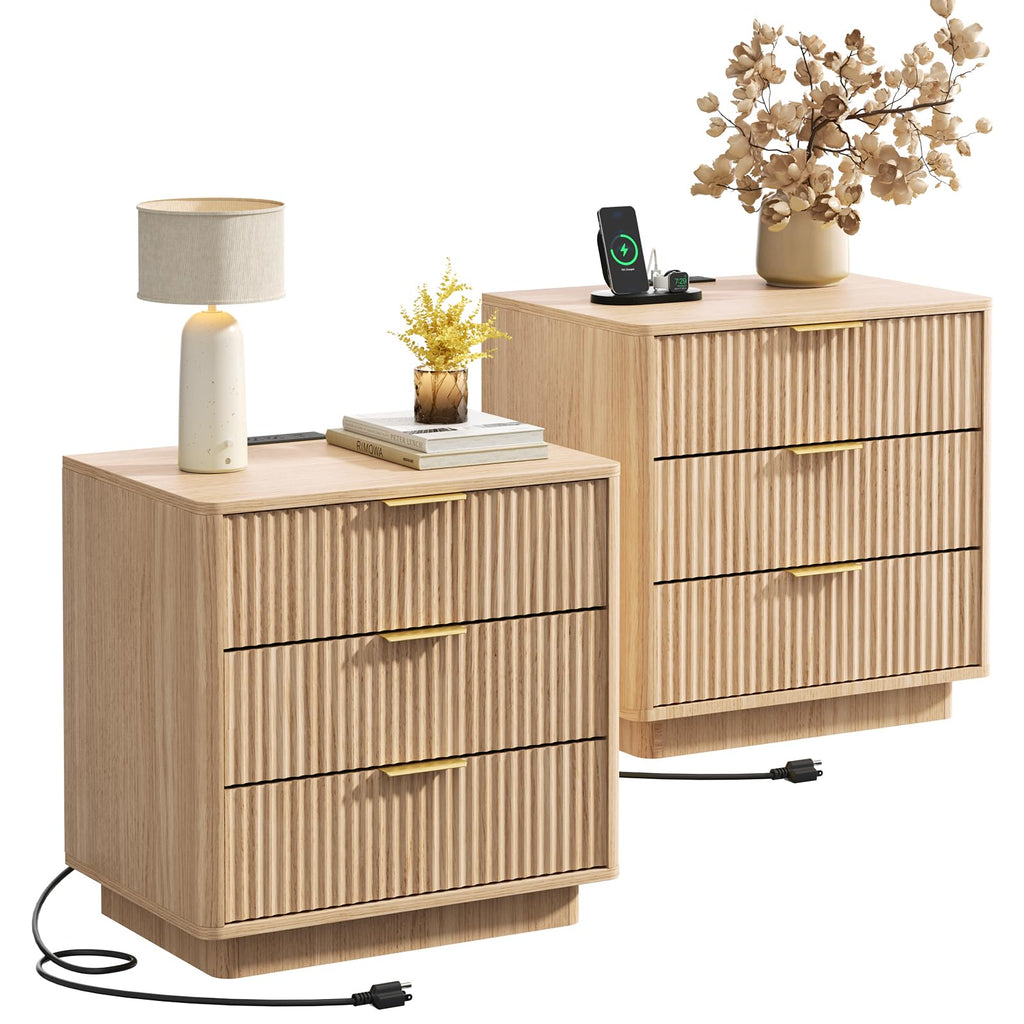Fluted Nightstand Set with Charging Station - Natural Oak