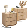Fluted Nightstand Set with Charging Station - Natural Oak