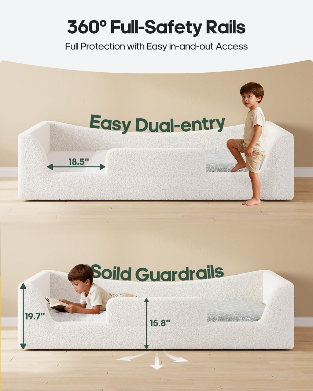 Full Montessori Floor Bed with Safety Rails - Beige