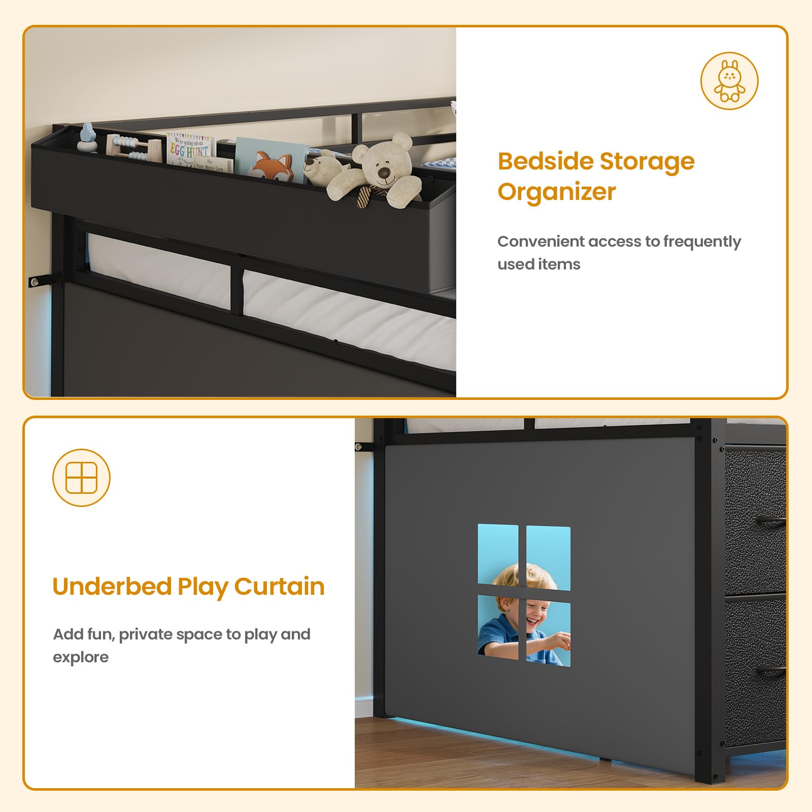 Twin Low Loft Bed with Storage & LED Lights