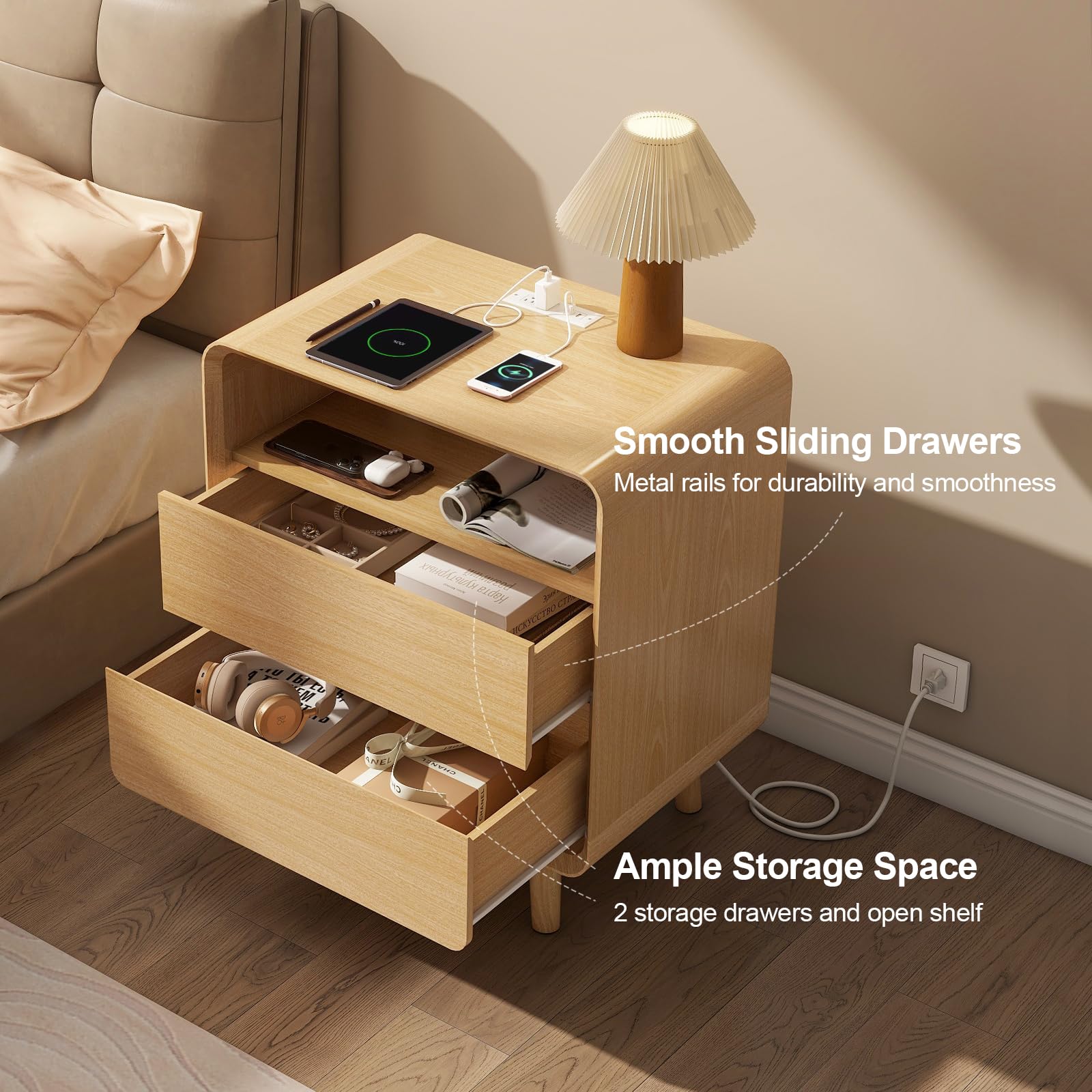 Nightstand with Charging Station - Oak