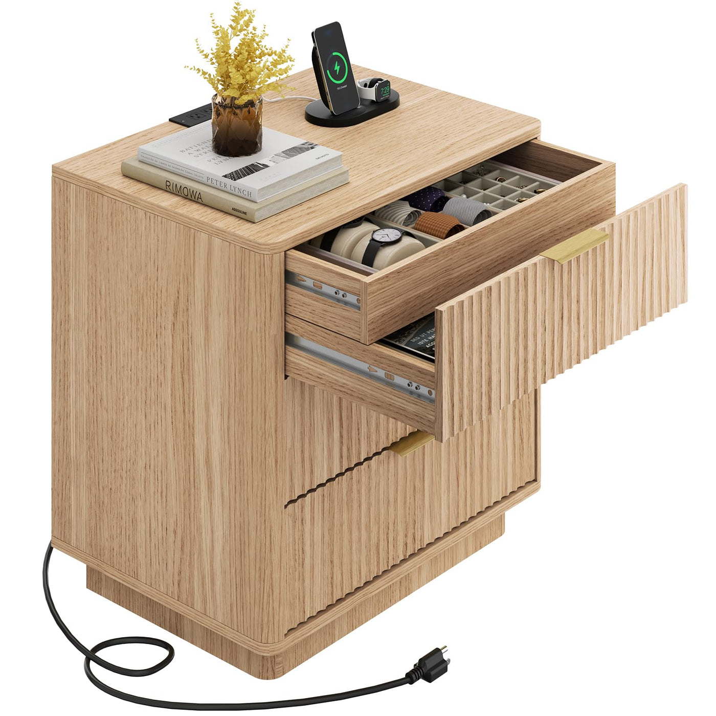 Fluted Nightstand Set with Charging Station - Natural Oak