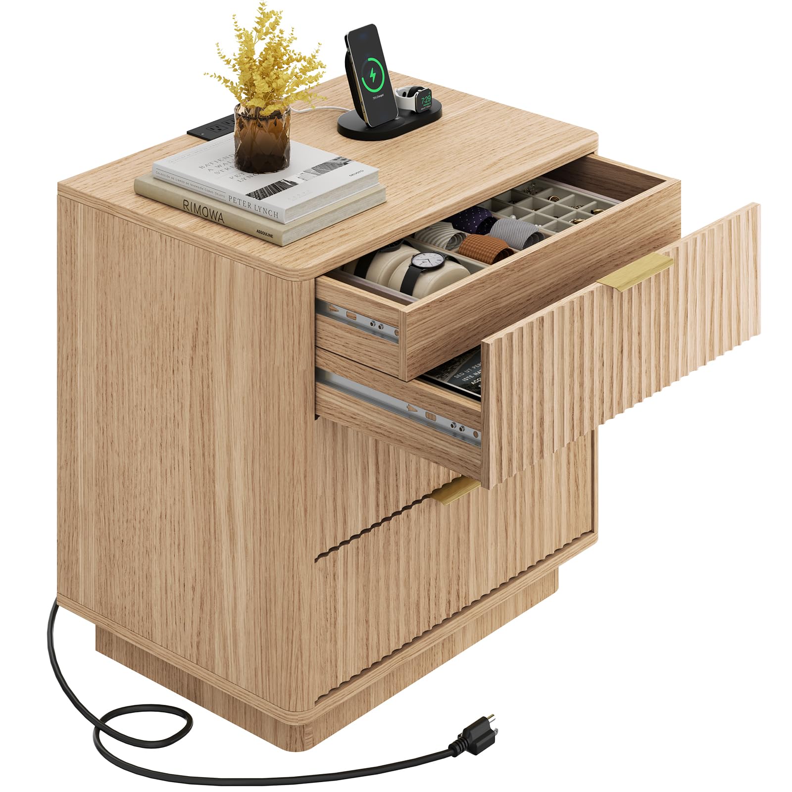 Fluted Nightstand Set with Charging Station - Natural Oak