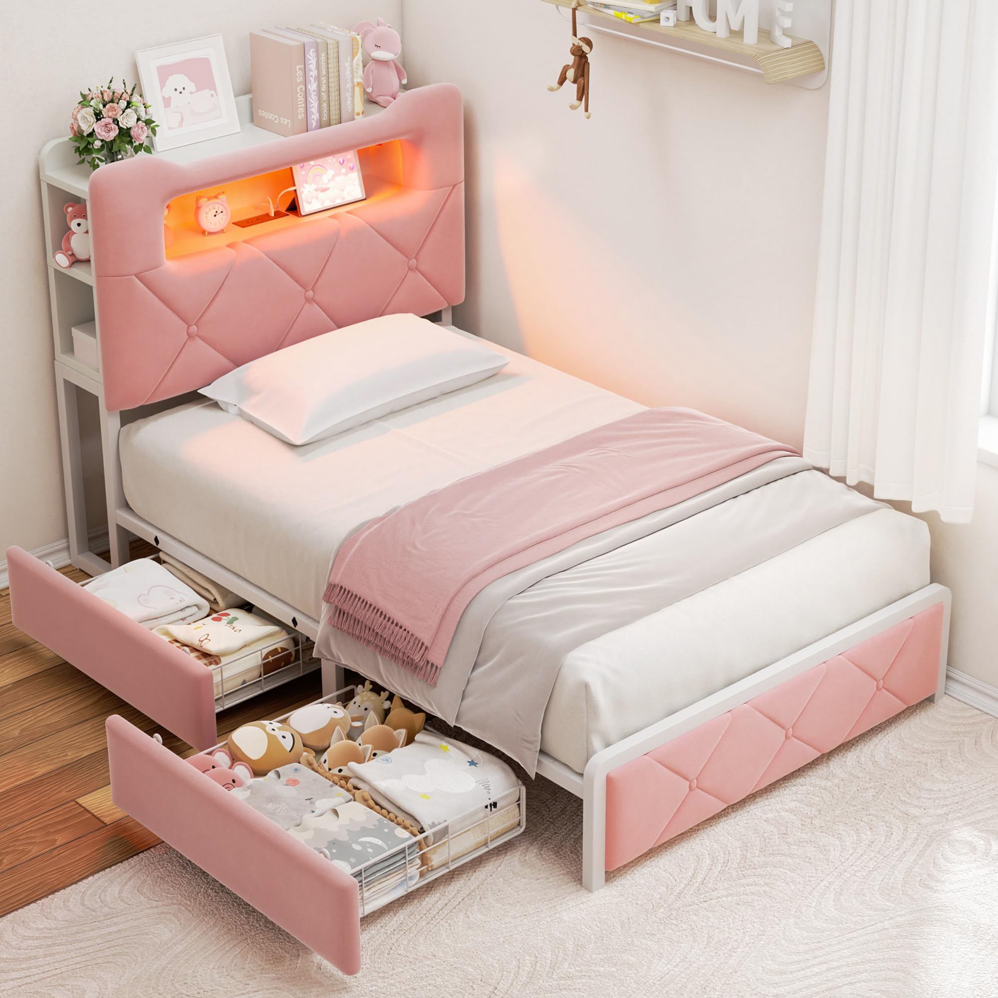 Twin Princess Storage Bed with LED Headboard - Pink