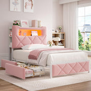 Twin Princess Storage Bed with LED Headboard - Pink